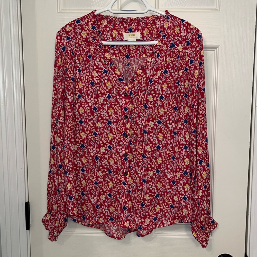 Maeve by Anthropologie Marisol Pink Print Long Sleeve Blouse Sz 6 Ruffle Hems